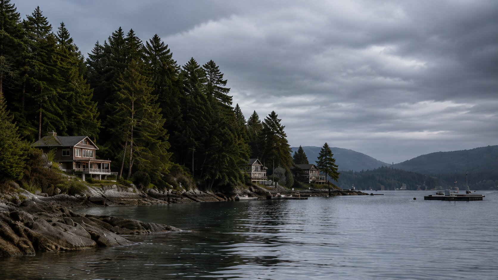 A moody forested coastal inlet on Vancouver Island.