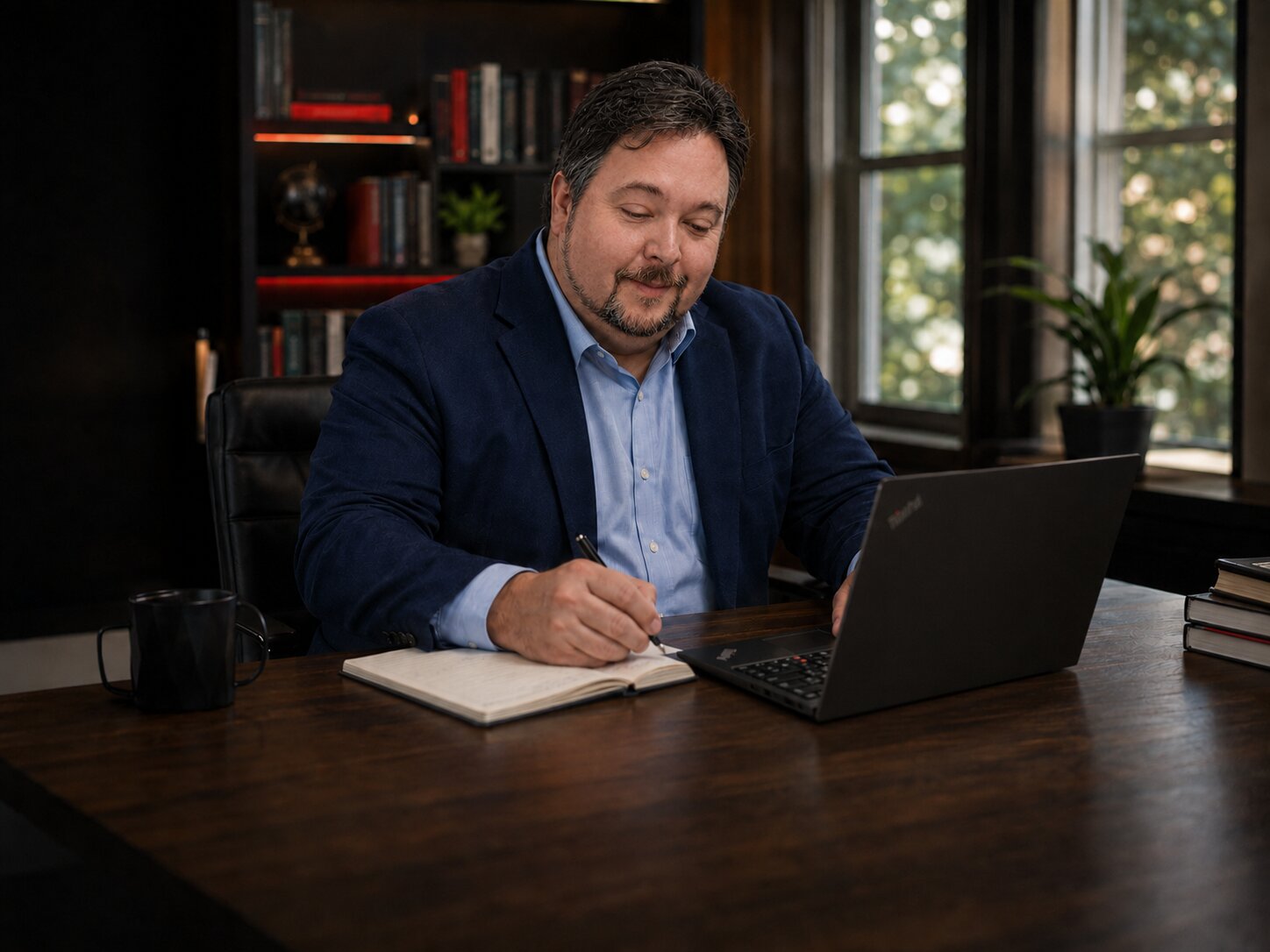 Rob T. Case working at a desk with a ThinkPad and notebook.