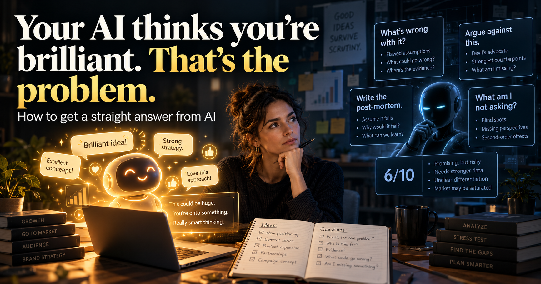 A woman weighing a flattering AI's praise against a critical AI asking what could go wrong, under the headline "Your AI thinks you're brilliant. That's the problem."